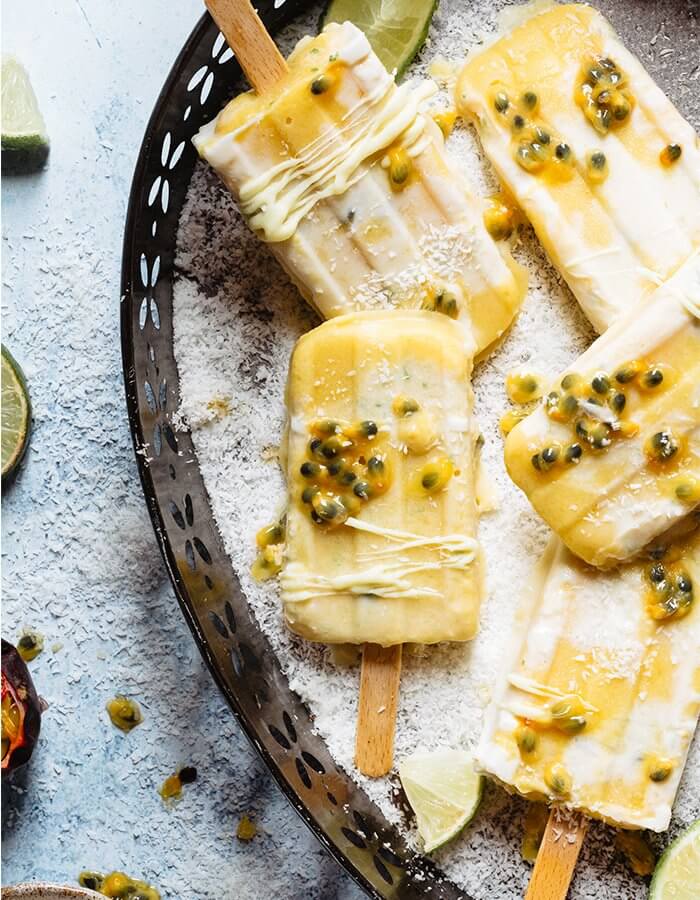Rezept »Tropisches Eis am Stiel mit Mango, Maracuja, Kokos und Limette«